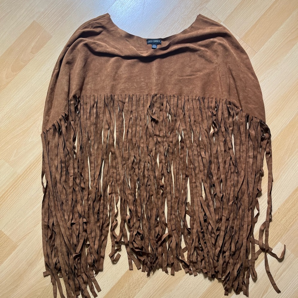 Brown Fringe faux suede shrug